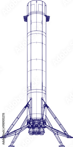 Reusable rocket launch configuration with engines and fins, clean cylindrical aerospace design, engineering wireframe sketch vector illustration, futuristic space vehicle concept