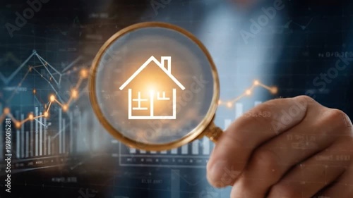 Real Estate Analysis: A close-up view of a hand holding a magnifying glass over a house icon, set against the backdrop of financial charts and graphs.