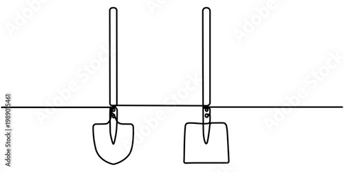 shovel continuous one line drawing,  One line drawing in a minimalist style,  One line drawing background, outline illustration. 