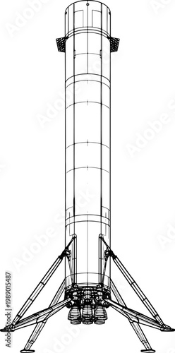 Reusable rocket launch configuration with engines and fins, clean cylindrical aerospace design, engineering wireframe sketch vector illustration, futuristic space vehicle concept