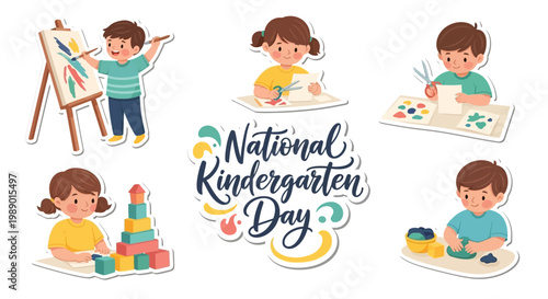 Illustrated vector art celebrates National Kindergarten Day, showing children engaged in playful education activities such as painting, crafting, and building, set against a clean white