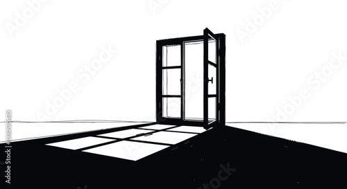 A stark black and white image depicts an open doorway leading to bright light high quality