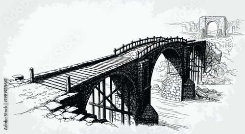 Принти на полотні A detailed sketch depicts an old stone bridge with arches and ruins high quality