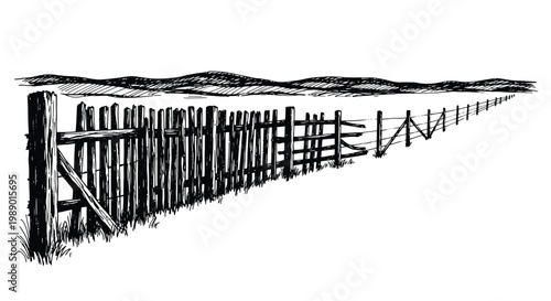 A sketched illustration depicts a rustic wooden fence extending into a distant landscape high quality professional