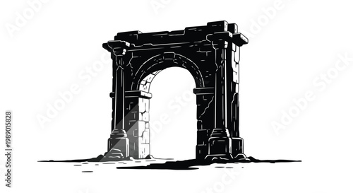 A striking black and white illustration of an ancient stone archway or gateway high quality professional