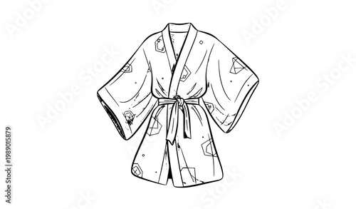 Minimalist kimono line illustration with modern decorative patterns elegant Japanese fashion design isolated on white