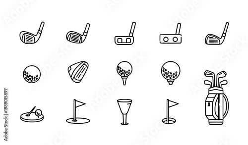 Golf club line art vector icon set with detailed sports equipment outline design for golf course and game illustration