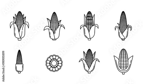 Editable corn on the cob line icon set with vegetable variations thin black outline food illustration for design use