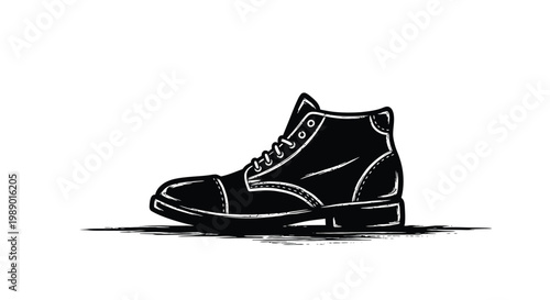 A black and white illustration of a single leather boot with laces shown