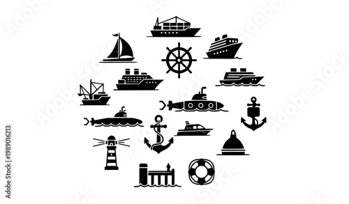 Flat black boat and ship icons collection with anchor and nautical symbols for marine app and branding design