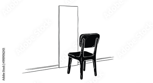 A simple black and white illustration depicts a chair facing a blank doorway high quality professional