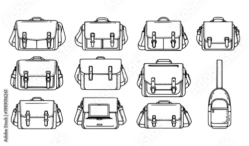 Messenger bag line art vector icon set with detailed courier and fashion bag outline designs isolated on white background