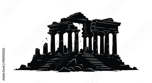 A detailed black and white illustration of a ruined classical temple structure high quality professional modern