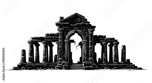Detailed black and white sketch of a classical ruined temple facade high quality professional detailed modern