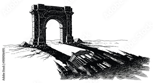 An intricately detailed black and white illustration of a classical triumphal arch high quality professional modern