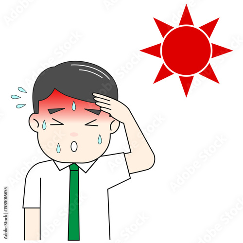 直射日光で汗をかき熱中症になる男性のイラスト