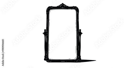 An ornate black rectangular mirror stands isolated on a stark white background high quality professional detailed