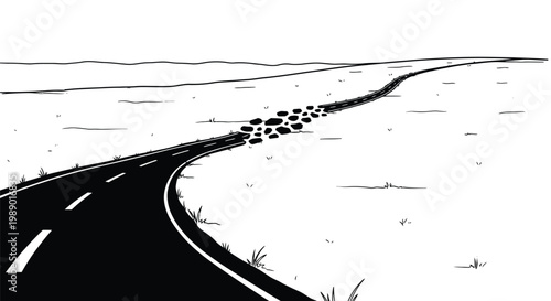 A curving black road stretches across a white landscape with sparse vegetation high quality professional detailed