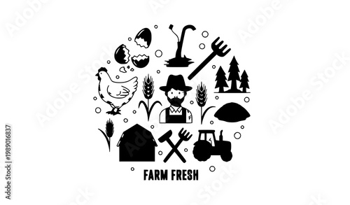 Farm fresh agriculture vector illustration with chicken eggs farmer and rural farming symbols for sustainable food concept