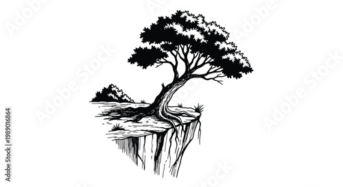 A solitary tree grows atop a rocky cliff overlooking a distant landscape high quality professional detailed