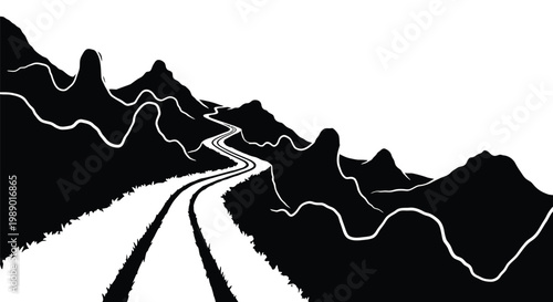 A winding road stretches through a stark silhouetted mountain landscape high quality professional detailed modern elegant