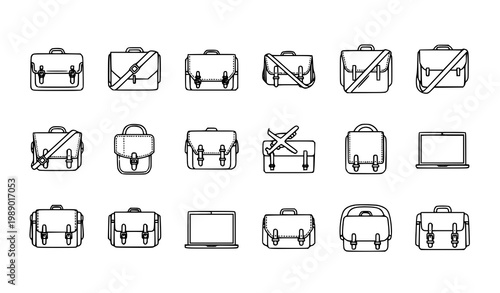 Minimal messenger bag line art illustration set with modern courier bag icons for fashion and delivery design