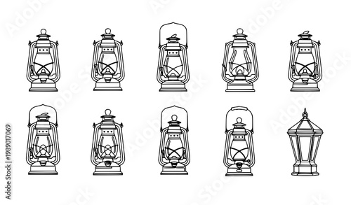 Single line lantern icon vector set with continuous outline drawing for decorative lighting and cultural illustration