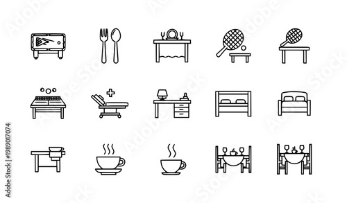 Editable outline table icons set including billiards dining medical and office table vector collection for web and UI design