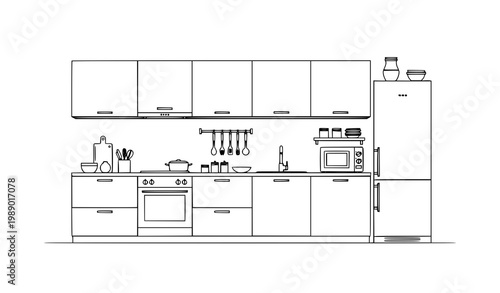 Minimalist kitchen interior elevation line art vector with modern home cooking layout design isolated on white