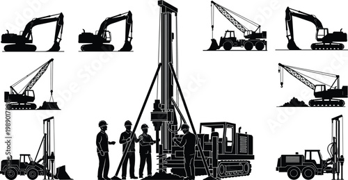 Silhouette of heavy construction equipment set with excavators cranes drilling rigs and workers for industrial building site project development background