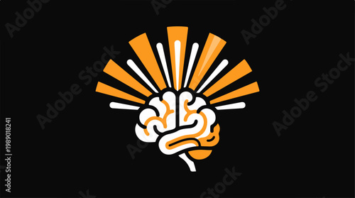 Brain with orange rays symbolizing ideas.