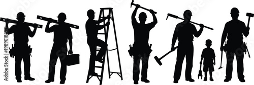 Silhouette of Professional Construction Workers Team with Tools, Ladders, and Child Representing Future Generations, Hard Hat Laborers on White Background
