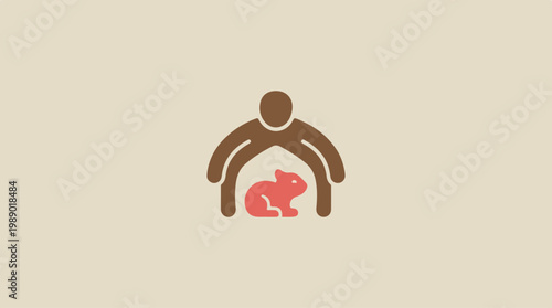 Brown figure protecting red animal.
