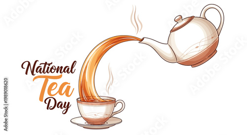 Vector illustration celebrating National Tea Day, showing a teapot pouring tea into a cup with steam rising, set against a clean white background for a classic British tea time concept
