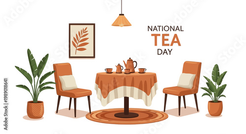 Celebrating UK's National Tea Day with an inviting illustration featuring a cozy tea time setup with a round table draped with an orange tablecloth, flanked by chairs and potted plants