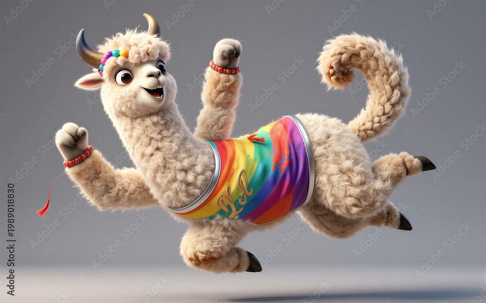 Fototapeta premium A joyful colorful alpaca leaps mid-air with festive beads and rainbow