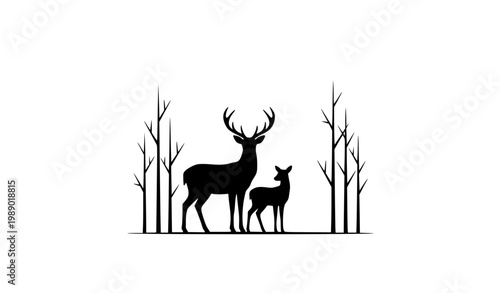 Abstract deer family forest circle vector with tree silhouettes modern nature logo style illustration