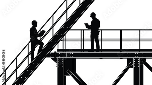 Silhouette of two construction workers, wearing hard hats, inspecting steel building structures on stairs using digital tablets, isolated white background