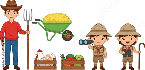 Farmer Character with Pitchfork and Wheelbarrow Full of Hay, Fresh Farm Products Crates and Cute Explorer Kids Vector Illustration Set