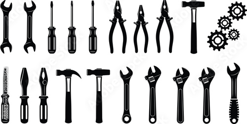 Silhouette Set of Hand Tools Including Wrenches, Screwdrivers, Pliers, Hammers, and Gears for Industrial Maintenance, Construction Repair, and DIY Workshop Projects