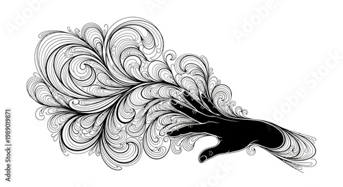 Black silhouette of a hand releasing swirling lines.