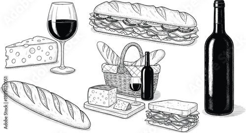 Still life drawing of a picnic spread with wine cheese and sandwiches in black and white.