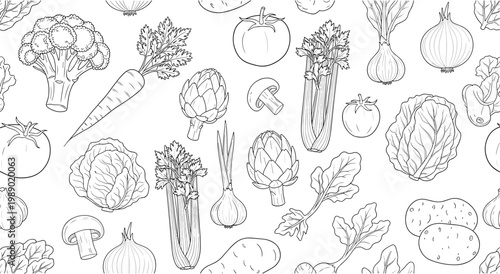 Seamless pattern of various vegetables drawn in black and white outline style.