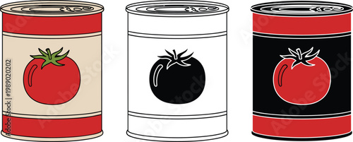 Three different styled cans of tomatoes red and white black and white.