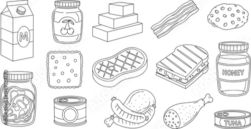 Assortment of grocery items and food products including milk, jars, crackers, and sandwich.
