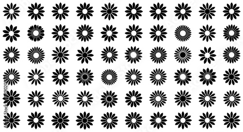 Flowers black and white set with simple floral shapes and varying petal counts and arrangements featuring flower icons, botanical illustrations,