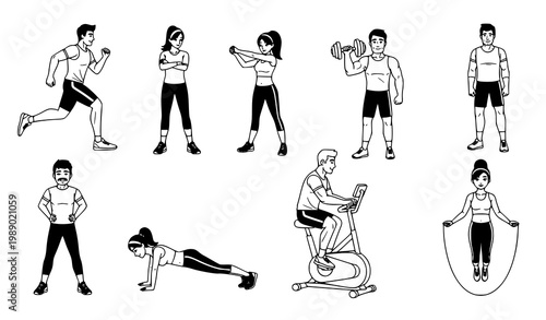 A set of people engaging in various fitness activities and exercises
