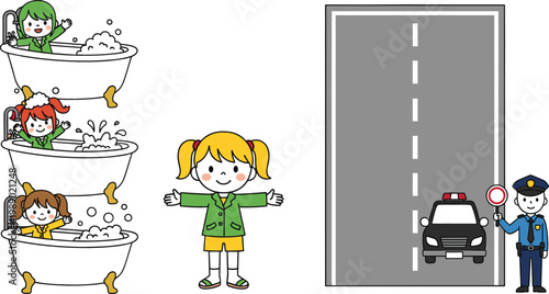 Kids Bath Time Cartoon Scene with Bathtubs, Happy Girl Character, Road with Police Officer and Car Vector Illustration Set
