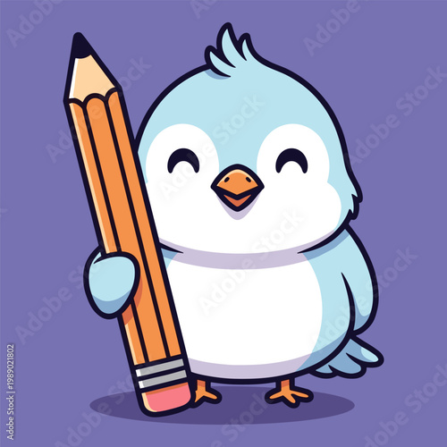A cartoon blue bird holding a large pencil in its hand on a purple background