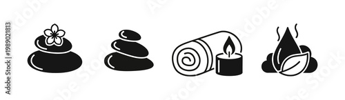 Collection of spa and wellness icons representing relaxation and therapeutic treatments